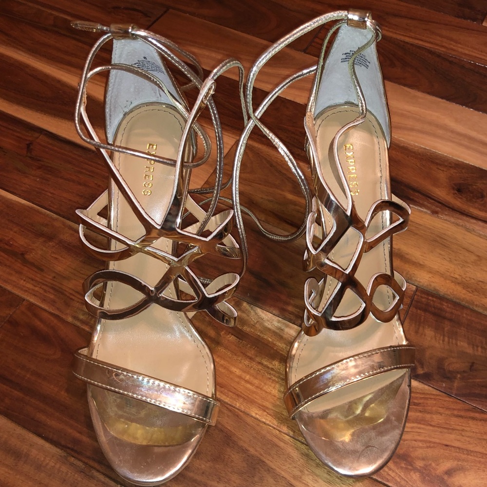 Gold colored ankle wrap heels